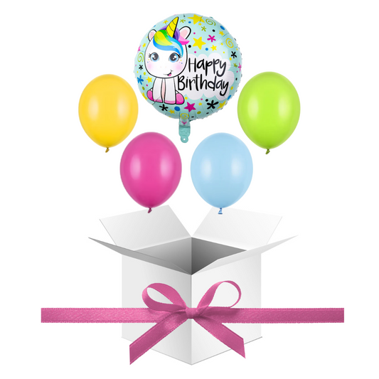 Balony z Helem w Pudełku Prezentowym – Happy Birthday Kolorowy Jednorożec