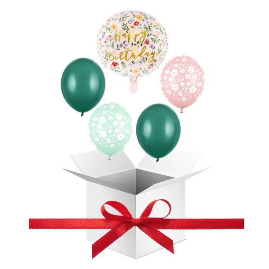 Balony z Helem w Pudełku Prezentowym – Happy Birthday Kwiaty