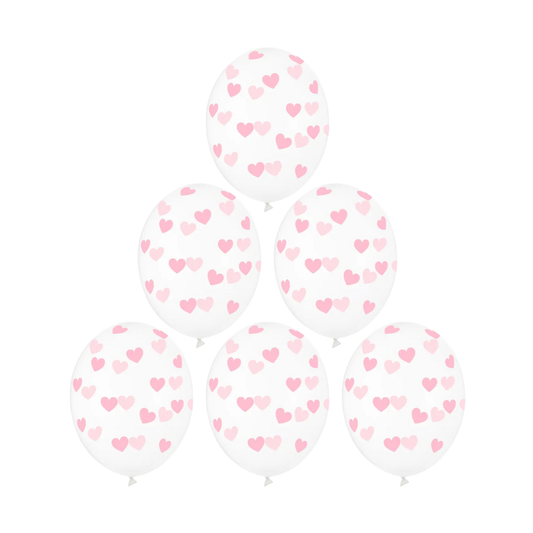 Balony 30cm, Serduszka jasny róż, Crystal Clear 6 szt.
