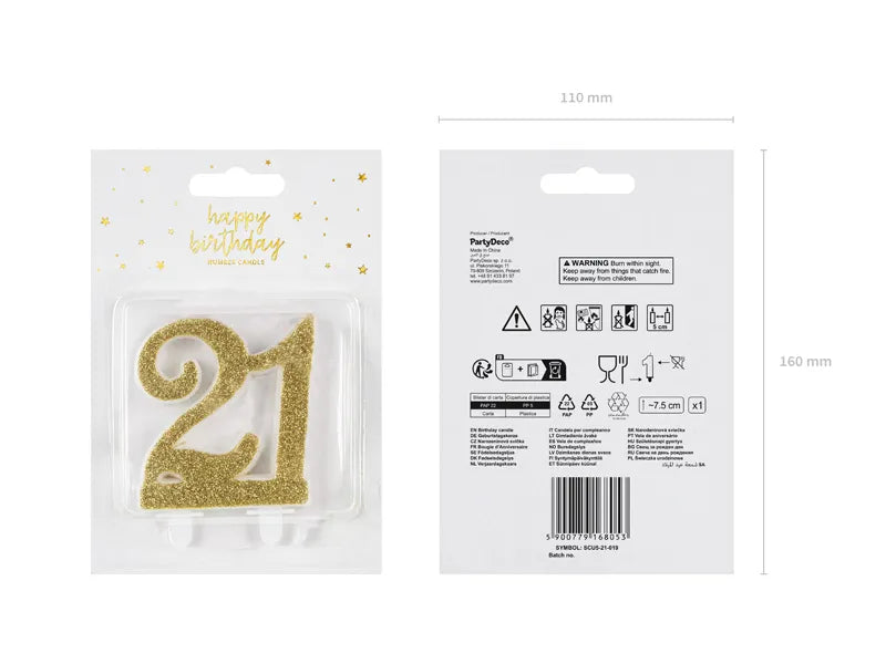 Świeczka urodzinowa liczba 21, złoty, 7.5cm