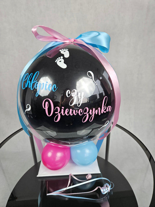 balon z proszkiem na gender reveal z napisem chłopiec czy dziewczynka