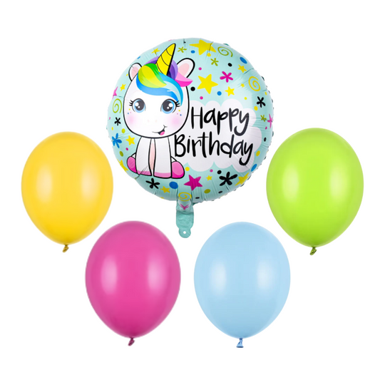 Balony z Helem w Pudełku Prezentowym – Happy Birthday Kolorowy Jednorożec