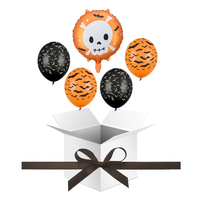 Balony z Helem w Pudełku Prezentowym – Halloween „Czaszka i Nietoperze”