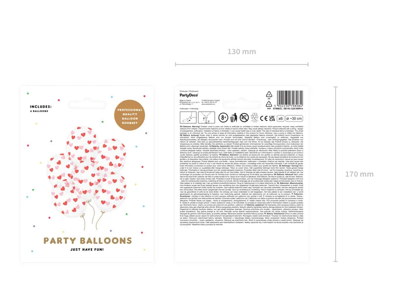 Balony 30cm, Serduszka czerwone, Crystal Clear 6szt.