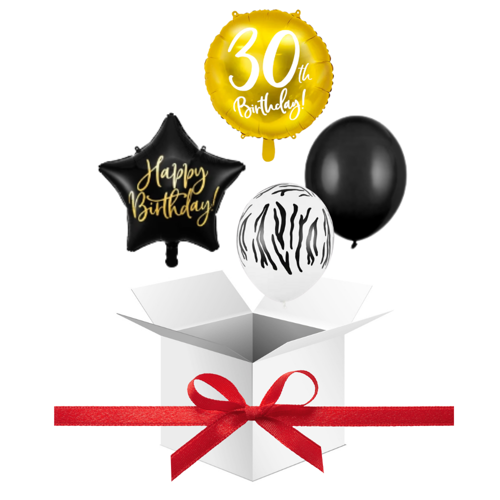 Balony z Helem w Pudełku Prezentowym – 30 Urodziny Czerń, Biel i Złoto
