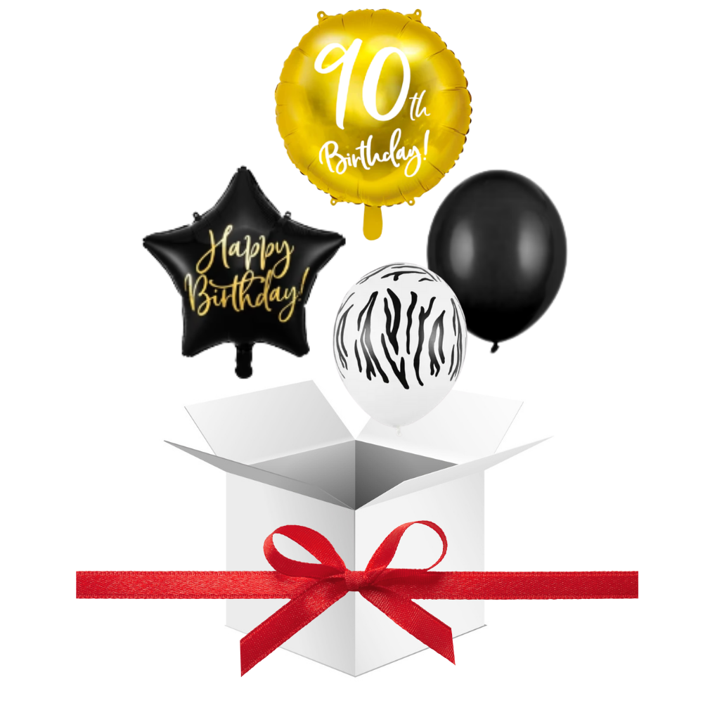 Balony z Helem w Pudełku Prezentowym – 90 Urodziny Czerń, Biel i Złoto