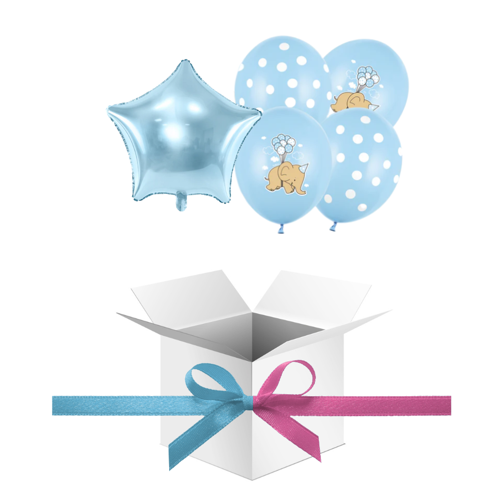 Balony z Helem w Pudełku Prezentowym – Baby Shower „Słonik i Kropeczki” Niebieski