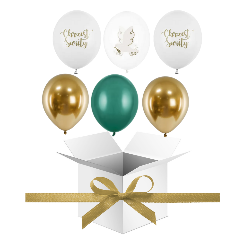 Balony z Helem w Pudełku Prezentowym – Chrzest Święty: Złoto, Biel i Zieleń
