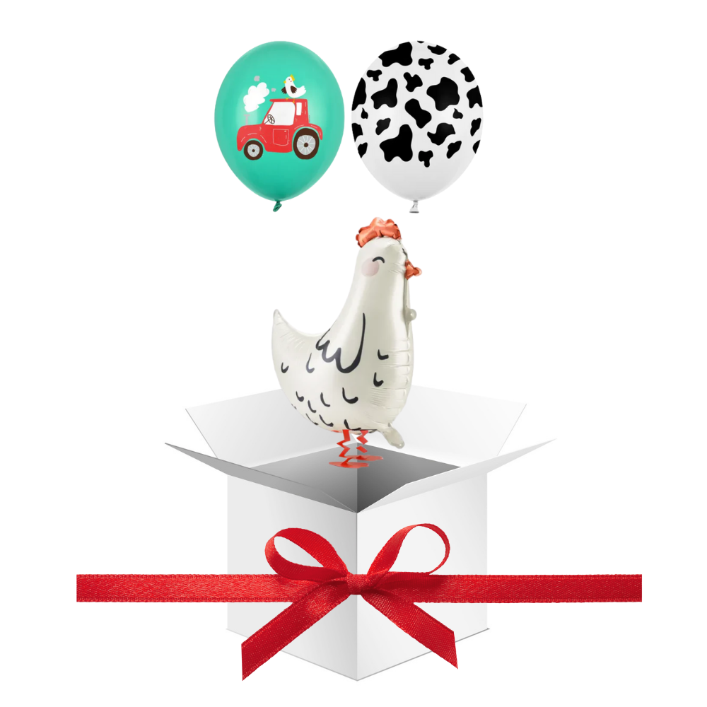 Balony z Helem w Pudełku Prezentowym – Farma: Kurka