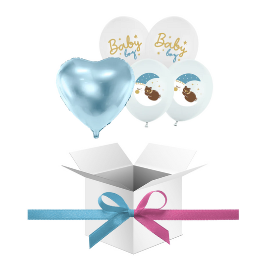 Balony z Helem w Pudełku Prezentowym – Baby Boy z Niebieskim Serduszkiem