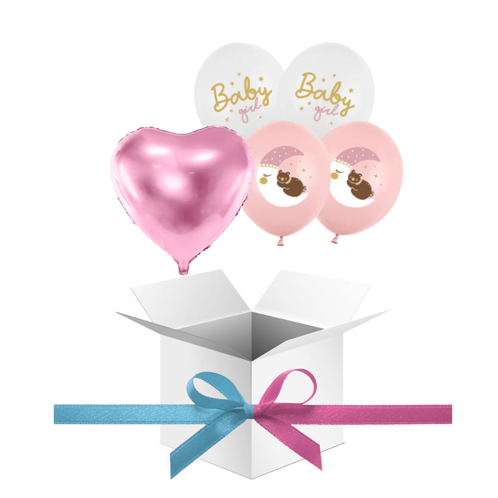 Balony z Helem w Pudełku Prezentowym – Baby Girl z Różowym Serduszkiem