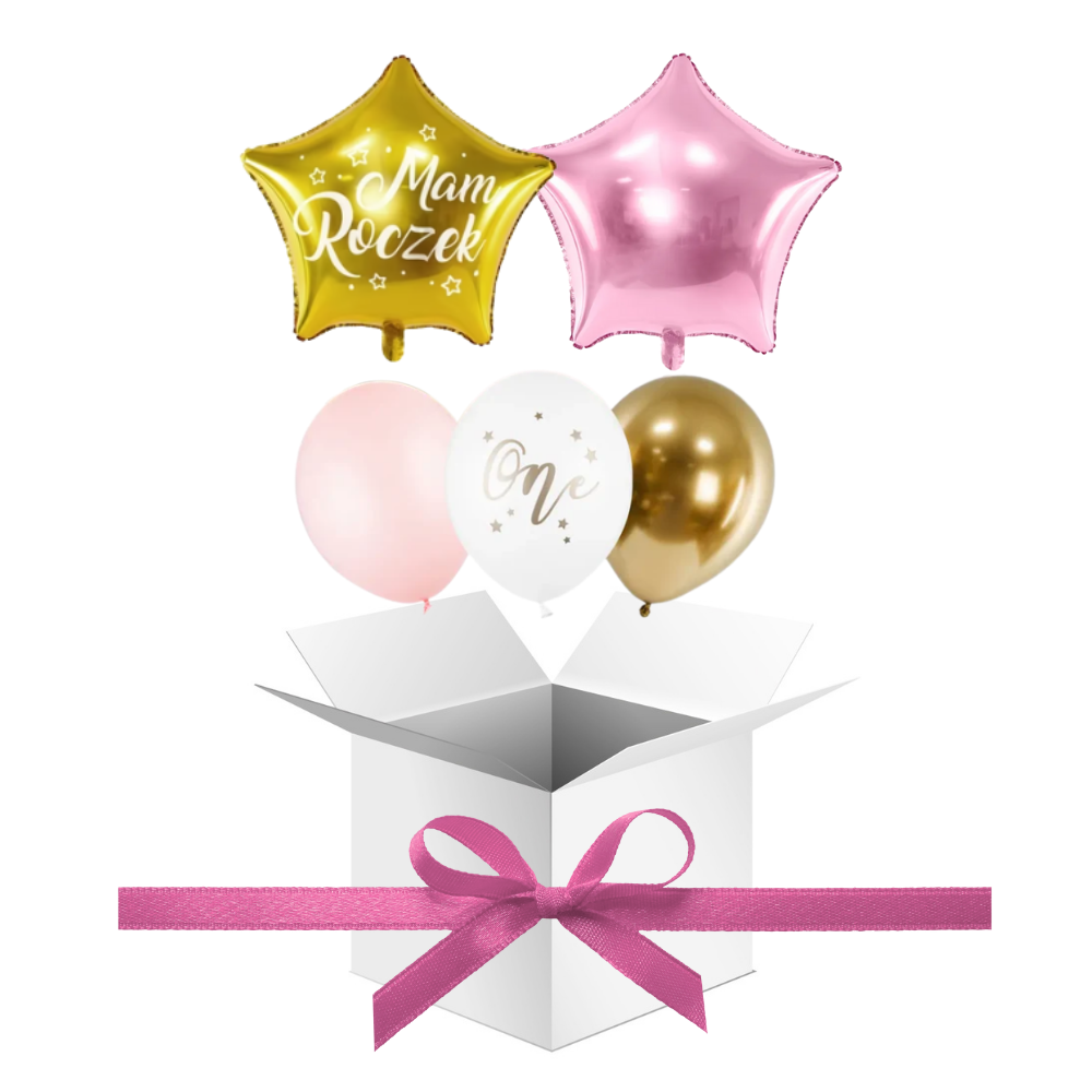 Balony z Helem w Pudełku Prezentowym – Mam Roczek Różowy