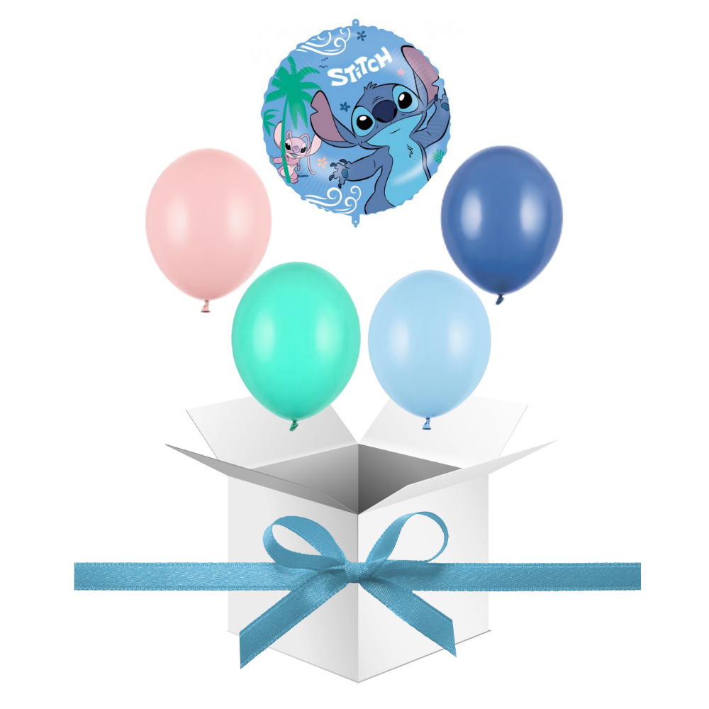 Balony z Helem w Pudełku Prezentowym – Stitch i Angel