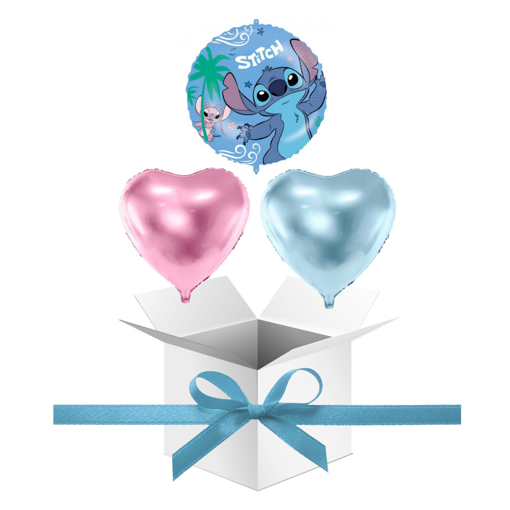 Balony z Helem w Pudełku Prezentowym – Stitch i Angel: Dwa Serca
