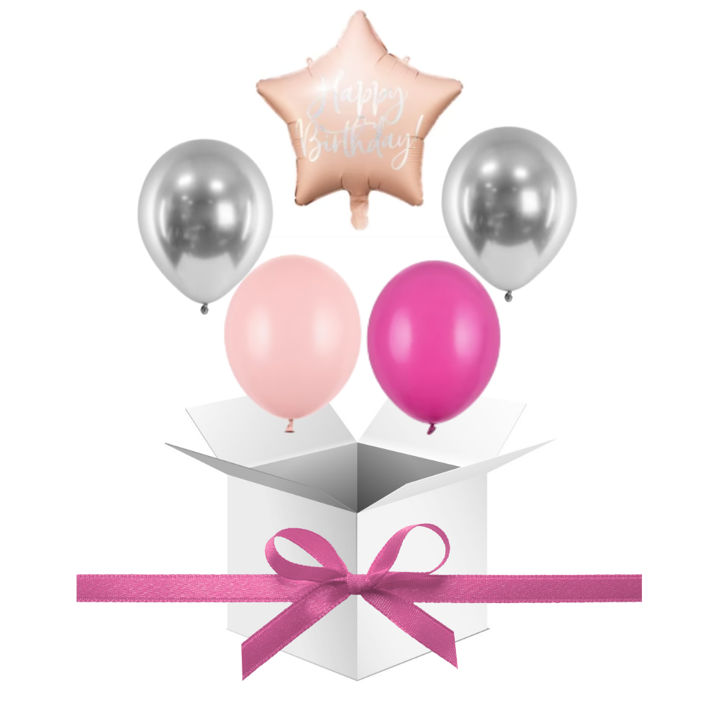 Balony z Helem w Pudełku Prezentowym – Happy Birthday Róż i Srebro