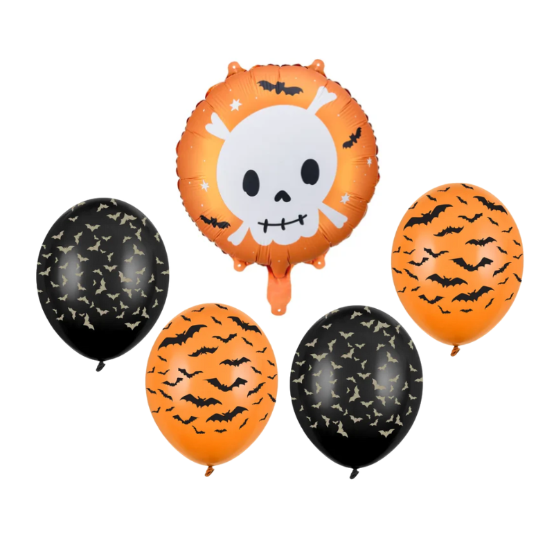 Balony z Helem w Pudełku Prezentowym – Halloween „Czaszka i Nietoperze”