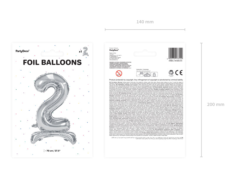 Stojący balon foliowy Cyfra 70cm, srebrny, różne warianty (0-9)