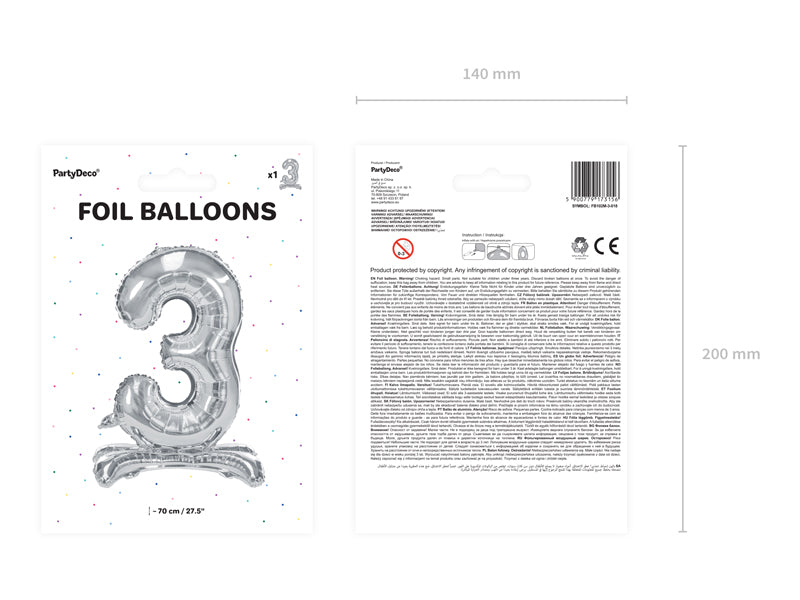 Stojący balon foliowy Cyfra 70cm, srebrny, różne warianty (0-9)
