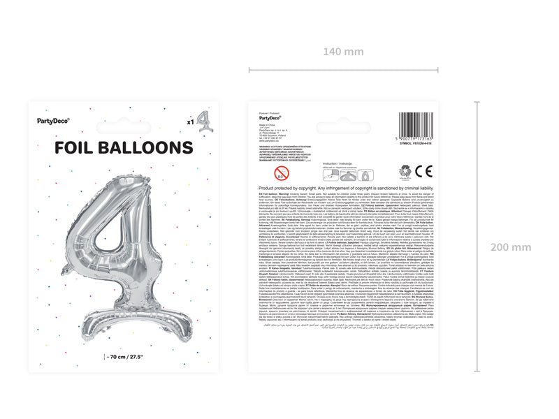 Stojący balon foliowy Cyfra 70cm, srebrny, różne warianty (0-9)