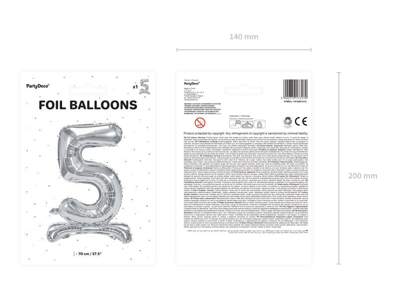 Stojący balon foliowy Cyfra 70cm, srebrny, różne warianty (0-9)
