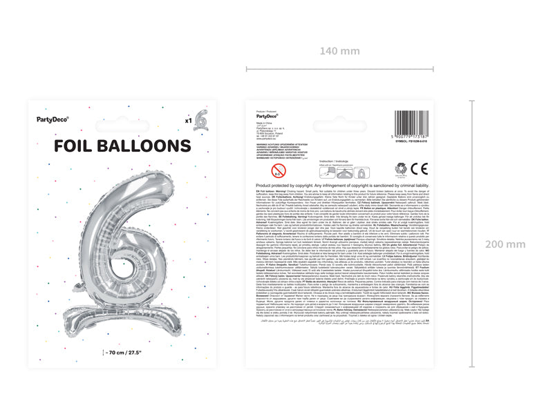Stojący balon foliowy Cyfra 70cm, srebrny, różne warianty (0-9)