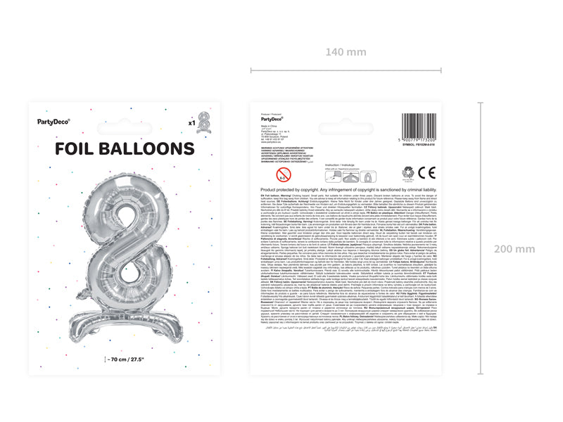 Stojący balon foliowy Cyfra 70cm, srebrny, różne warianty (0-9)