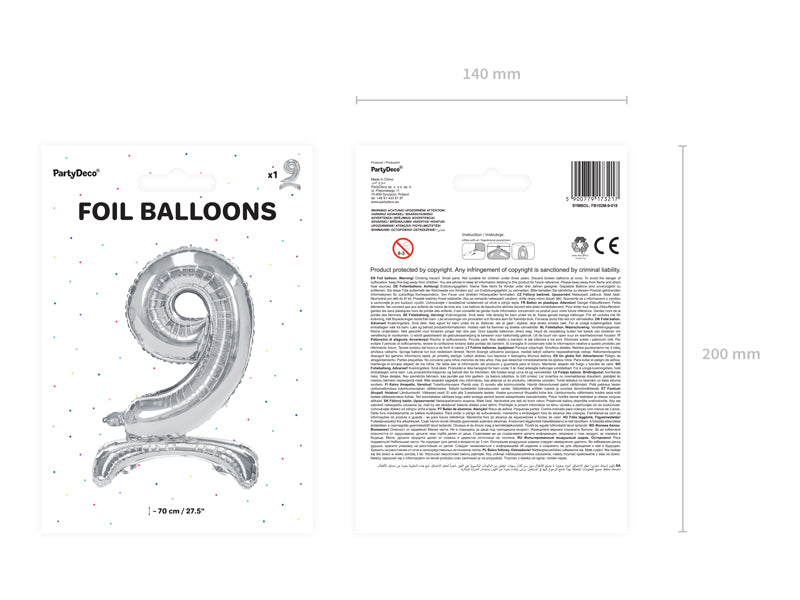 Stojący balon foliowy Cyfra 70cm, srebrny, różne warianty (0-9)