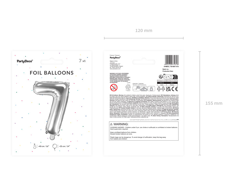 Balon foliowy Cyfra 35cm, srebrny, różne warianty (0-9)