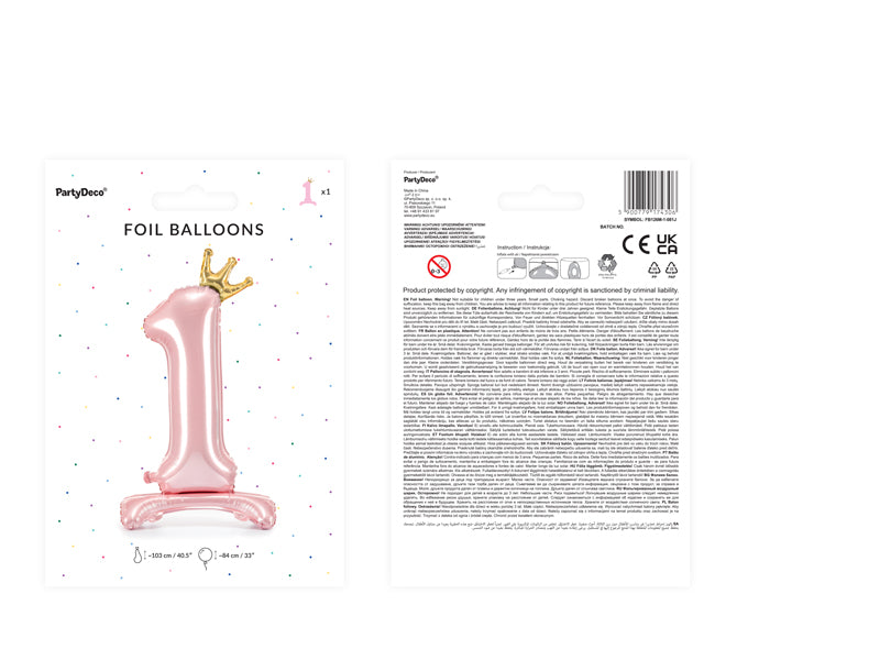 Stojący balon foliowy Cyfra 84cm, różowy, różne warianty (0-9)