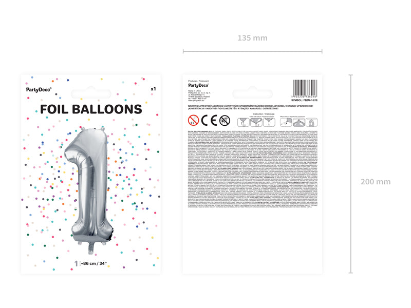 Balon foliowy Cyfra DUŻA 86cm, srebrny, różne warianty (0-9)
