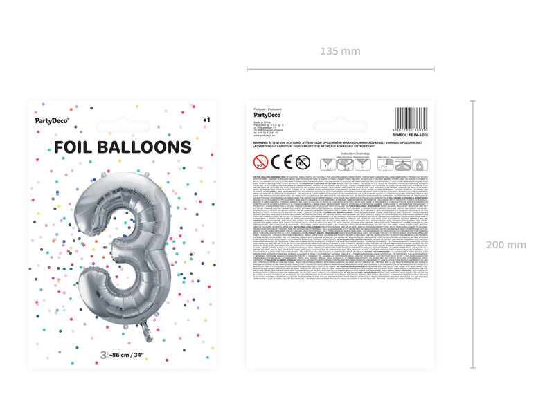 Balon foliowy Cyfra DUŻA 86cm, srebrny, różne warianty (0-9)