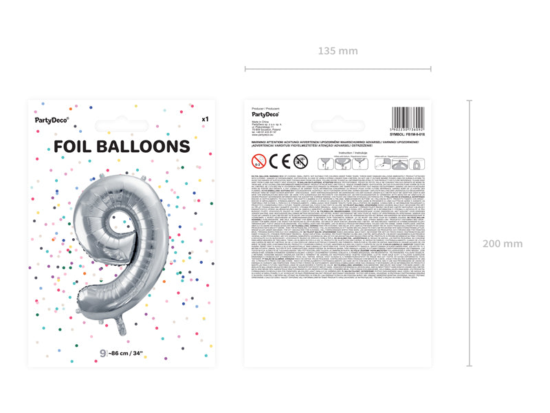 Balon foliowy Cyfra DUŻA 86cm, srebrny, różne warianty (0-9)