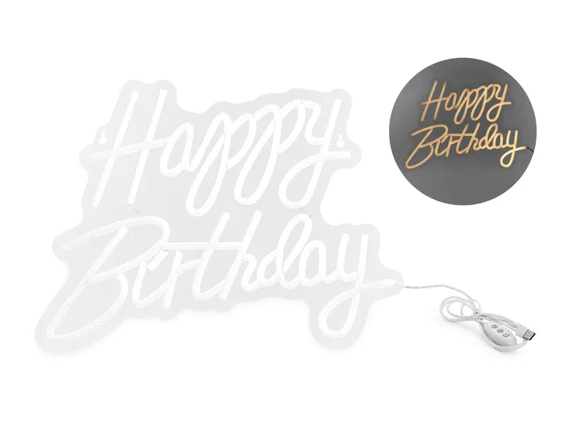 WYNAJEM: Neon LED - Happy Birthday, biały, 40x29.5 cm