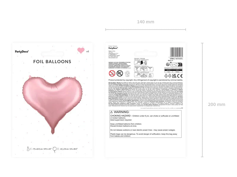Balon foliowy Serce, 75x64,5 cm, jasny różowy (1 op. / 1 szt.)
