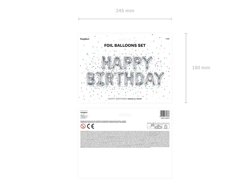 Balon foliowy Happy Birthday, 340x35cm, srebrny (1 op. / 1 szt.)