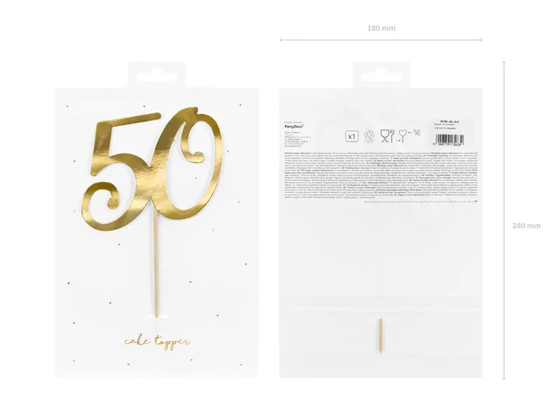 Topper na tort ''50'', złoty, 20.5cm (1 op. / 1 szt.)