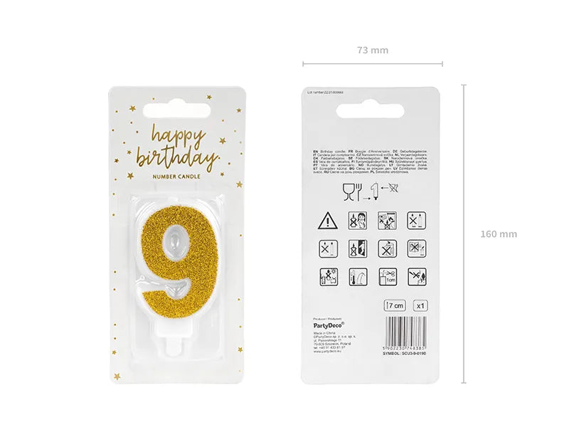 Świeczka urodzinowa Cyferka 9, złoty, 7cm (1 op. / 1 szt.)