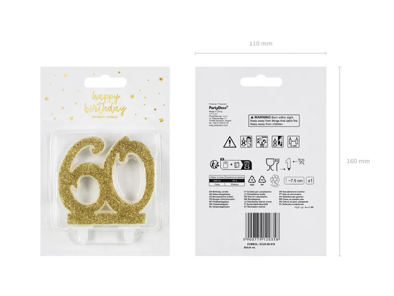 Świeczka urodzinowa liczba 60, złoty 7.5cm (1 op. / 1 szt.)
