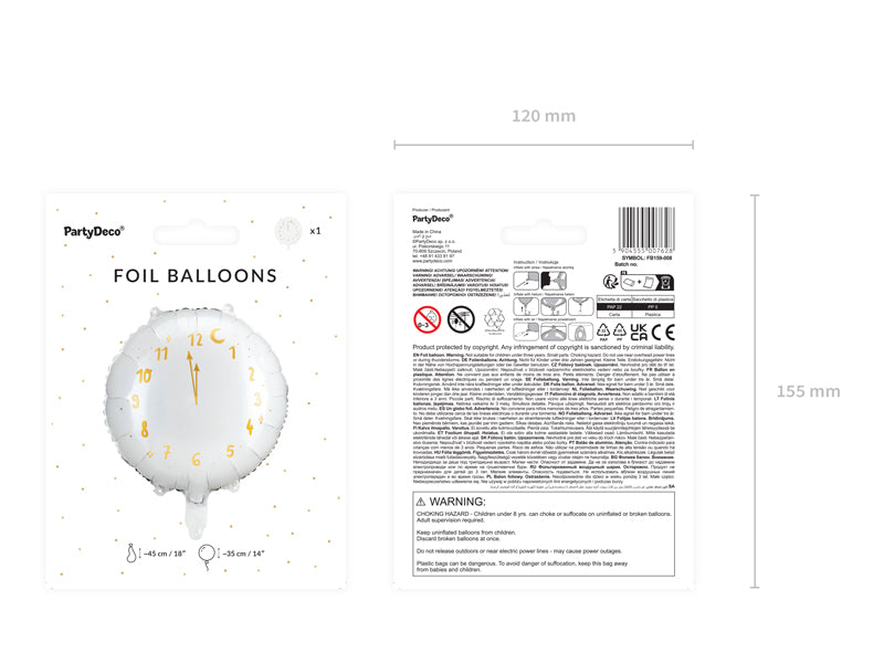 Balon foliowy Zegar, 45 cm, biały