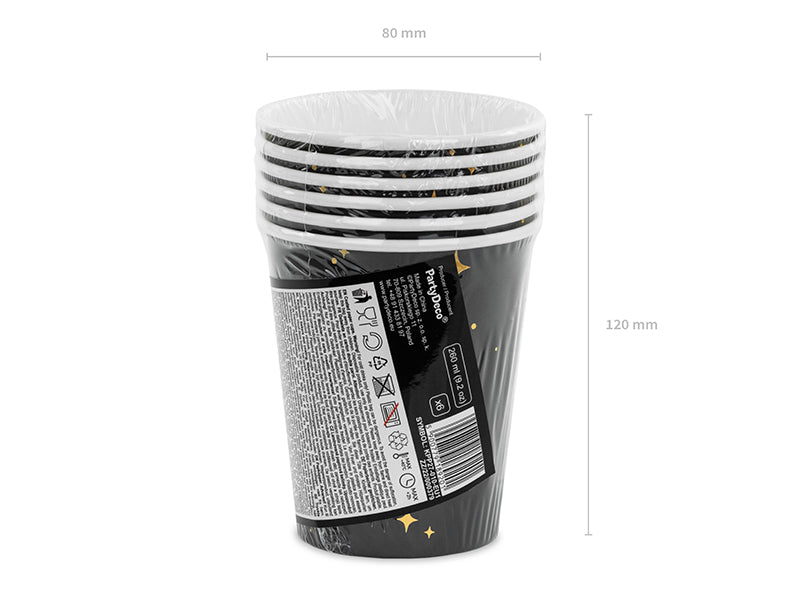 Kubeczki czarne, złote gwiazdy 260 ml (1 op. / 6 szt.)