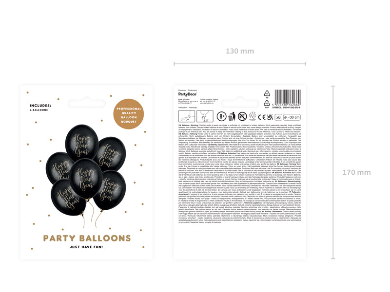 Balony 30cm, Happy New Year, Pastel Black (1 op. / 6 szt.)