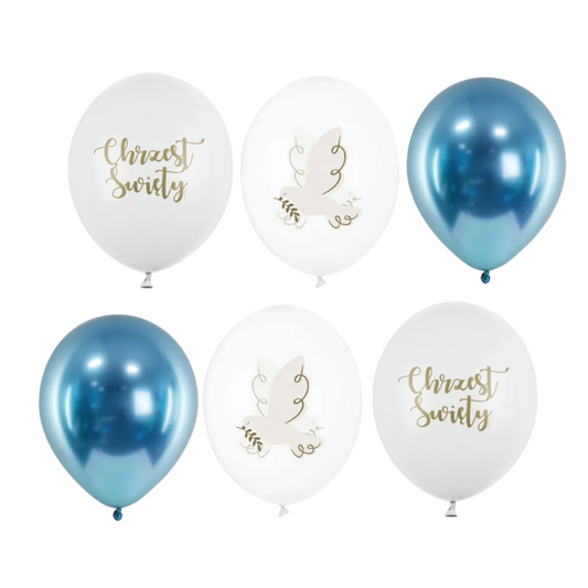 Balony z Helem w Pudełku Prezentowym – Chrzest Święty z Gołębiem (Biel i Błękit)