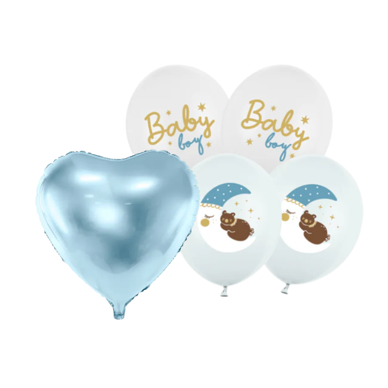 Balony z Helem w Pudełku Prezentowym – Baby Boy z Niebieskim Serduszkiem