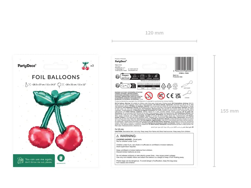 Balony foliowe do girland owoc Wisienki, 28x31 cm, 1op./3szt.