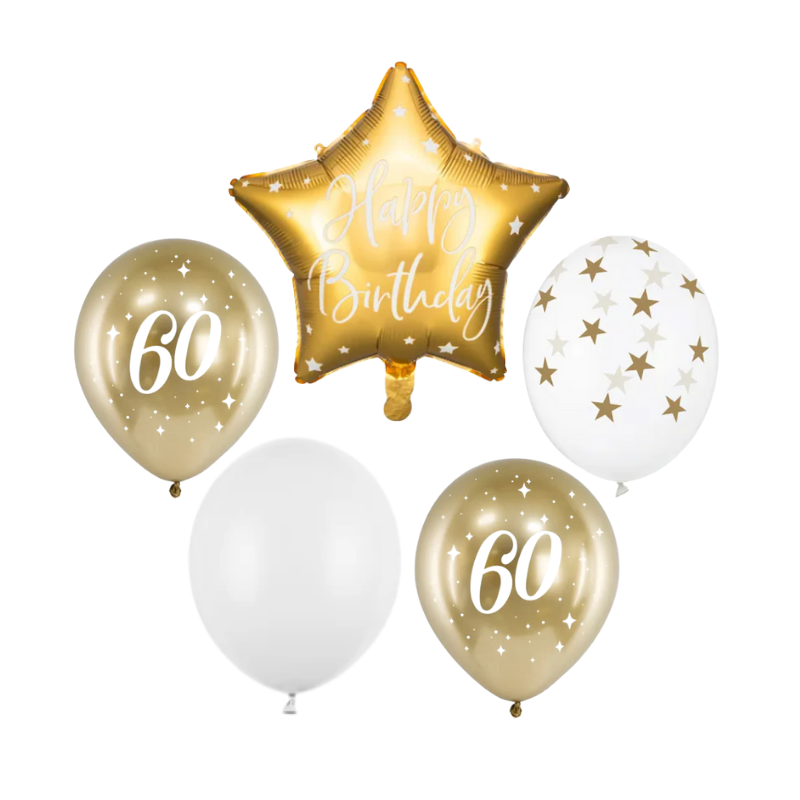 Zestaw bukiet balonów Happy Birthday na 60 urodziny biel i złoto