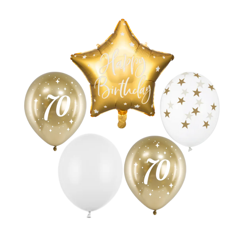 Zestaw bukiet balonów Happy Birthday na 70 urodziny biel i złoto