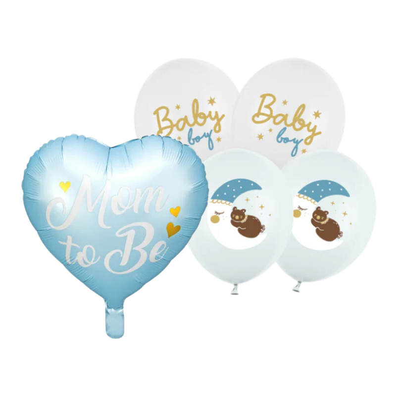 Balony z Helem w Pudełku Prezentowym – Baby Shower „Mom to Be, Baby Boy”