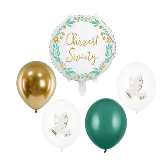 Balony z Helem w Pudełku Prezentowym – Chrzest Święty: Złoto, Biel i Zieleń