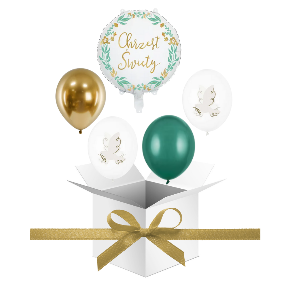 Balony z Helem w Pudełku Prezentowym na Chrzest