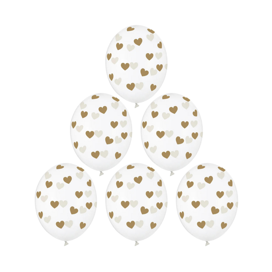 Balony 30cm, Serduszka złoty, Crystal Clear 6 szt.